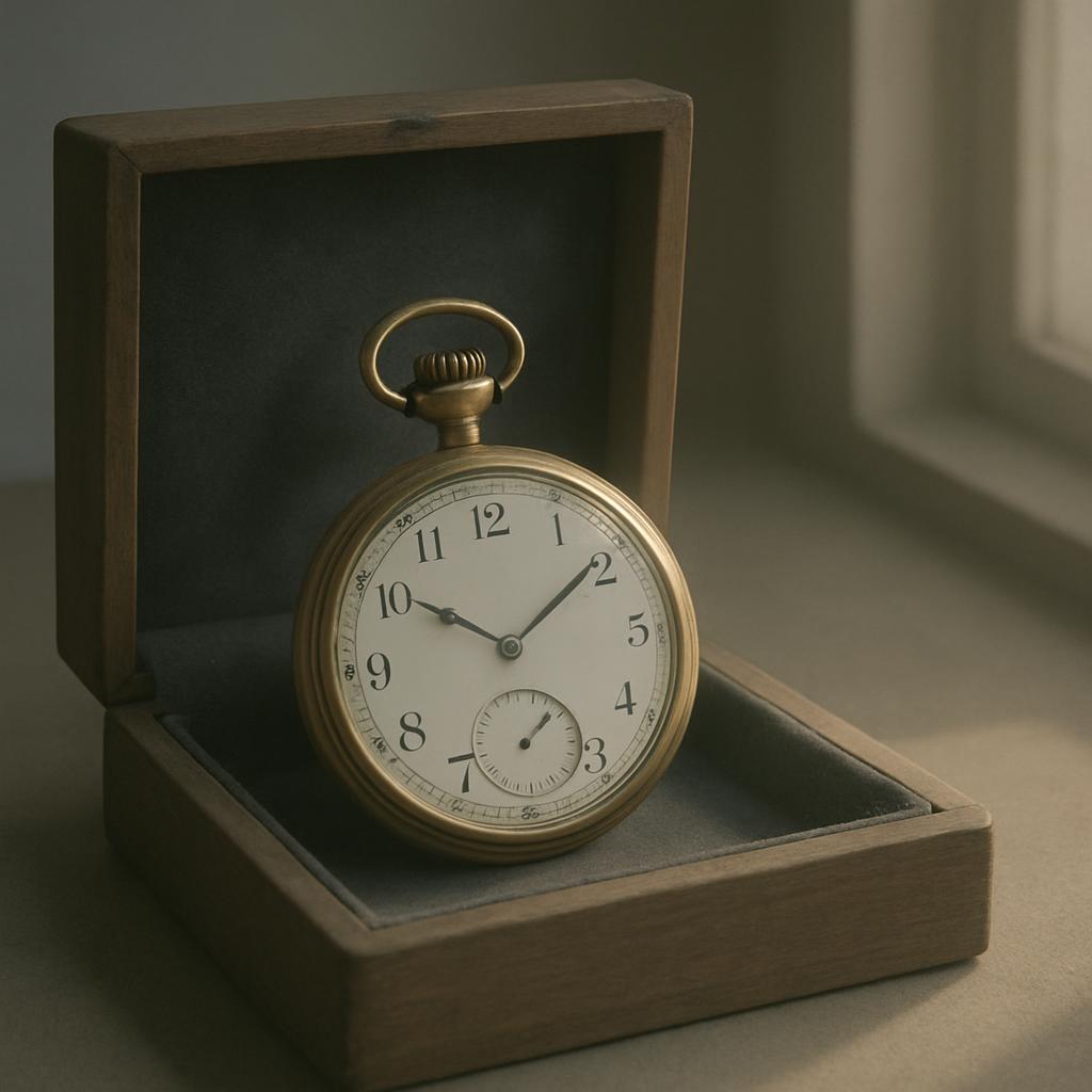 A brass pocket watch with a gold tone sits in an open wooden box with a grey velvet interior, atop a surface displaying a ...