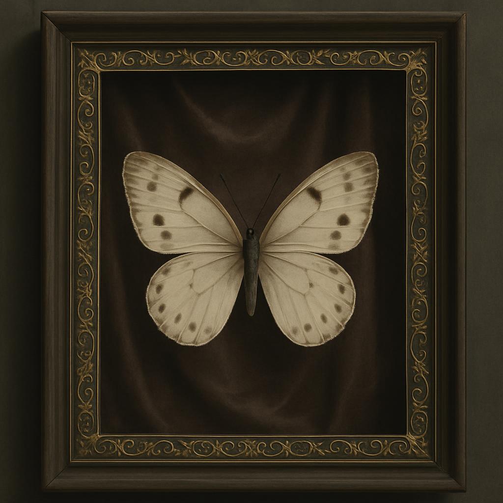 The image depicts a butterfly exhibited in a frame, and its visual content is that of a white and brown spotted butterfly ...