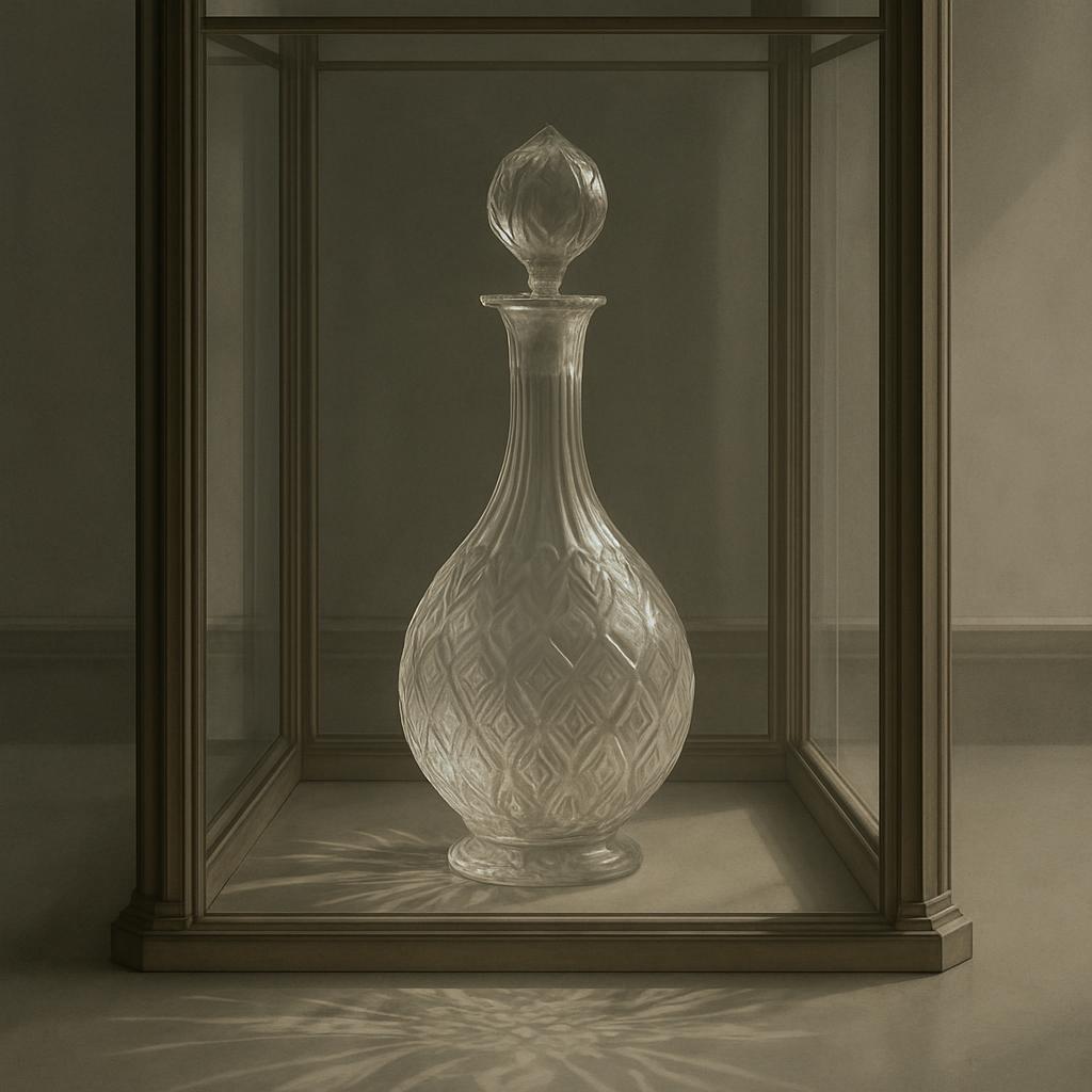 A single, ornate glass decanter with a diamond pattern sits in a display case sitting on a white floor in front of a pale ...