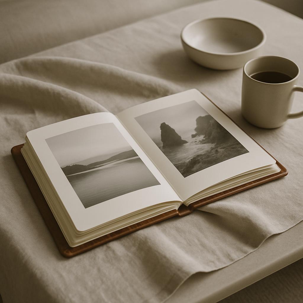 "A book with black and white images of landscape on a blanket with a cup of coffee."