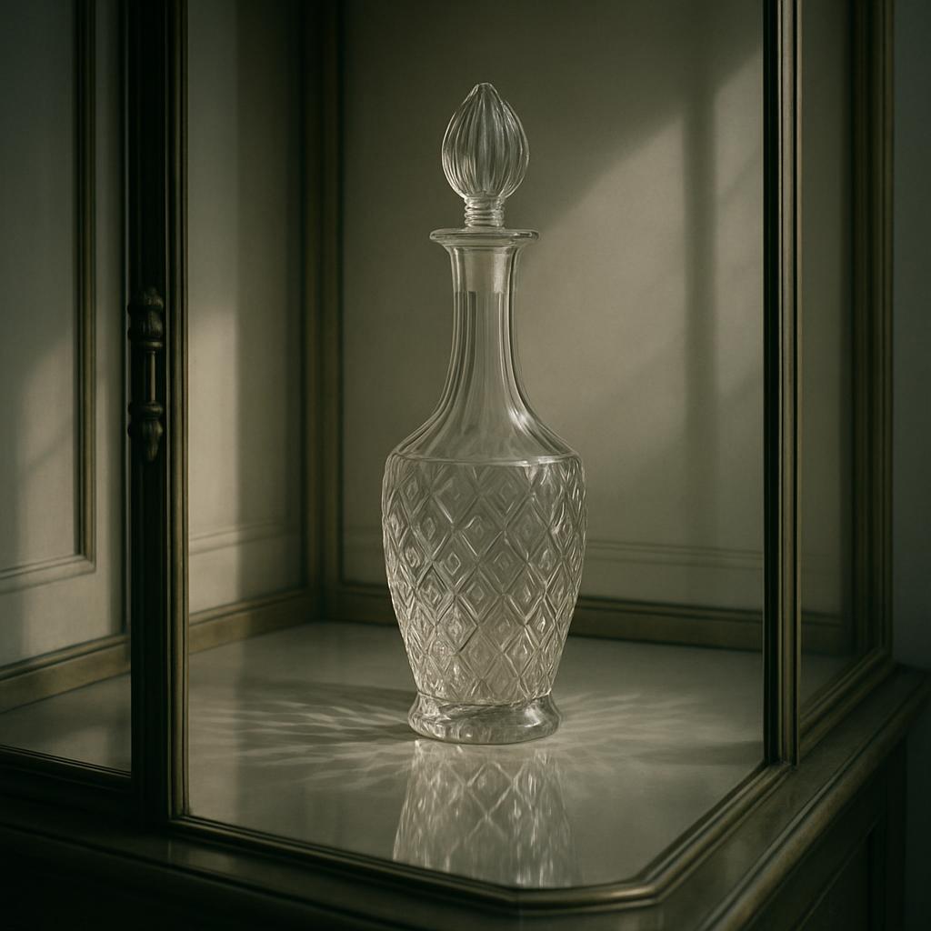A crystal decanter with a diamond cut design stands on a reflective mirrored surface, set against a partially visible cabi...