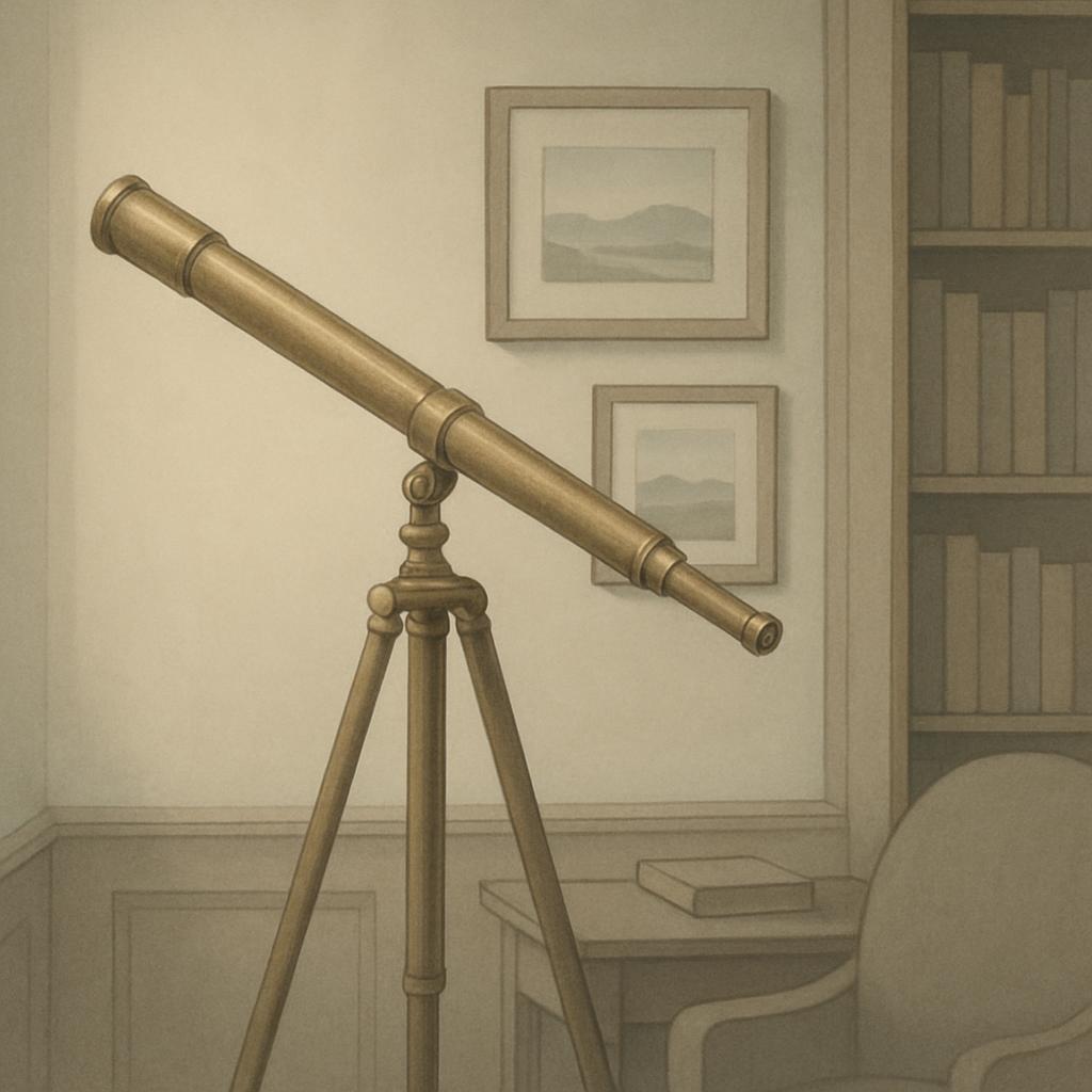 A close-up image of an old-fashioned telescope with a tripod and table setting. The telescope has a long tube and a side e...