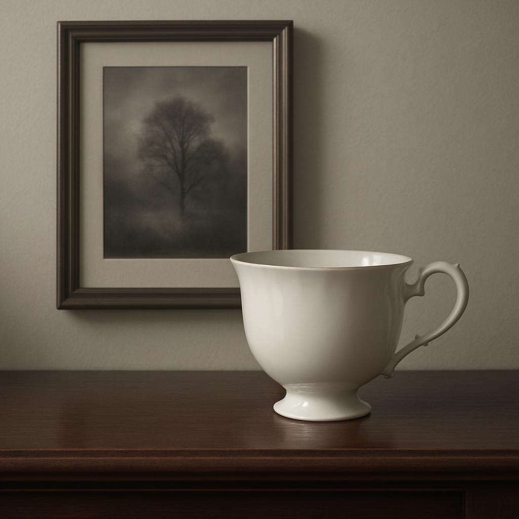 A white teacup sits on a wooden surface in front of a monochrome picture of a tree.